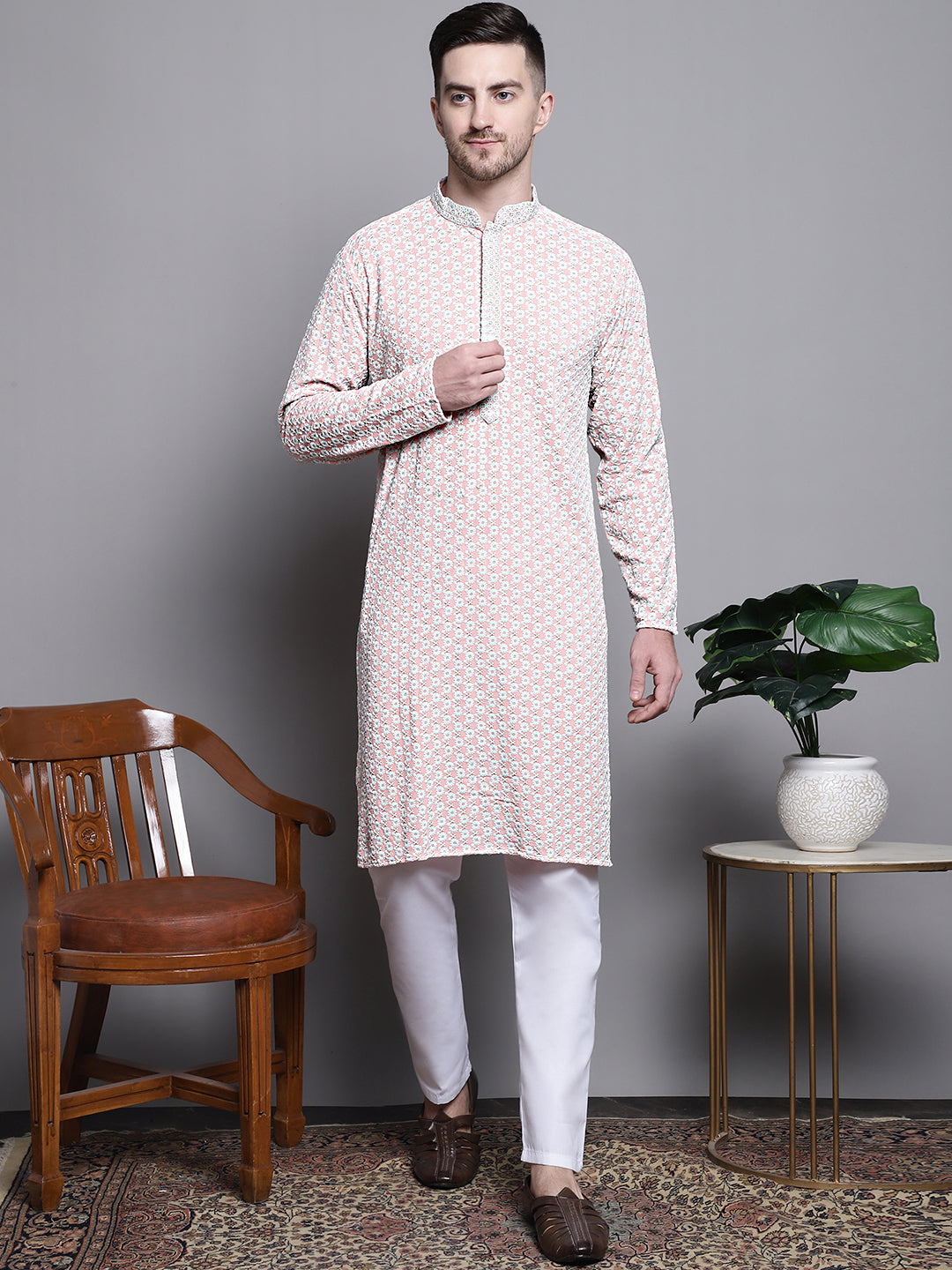 Jompers Men's Sequin Embroidered Pure Cotton Kurta with Pyjamas - Peach | Grocsy
