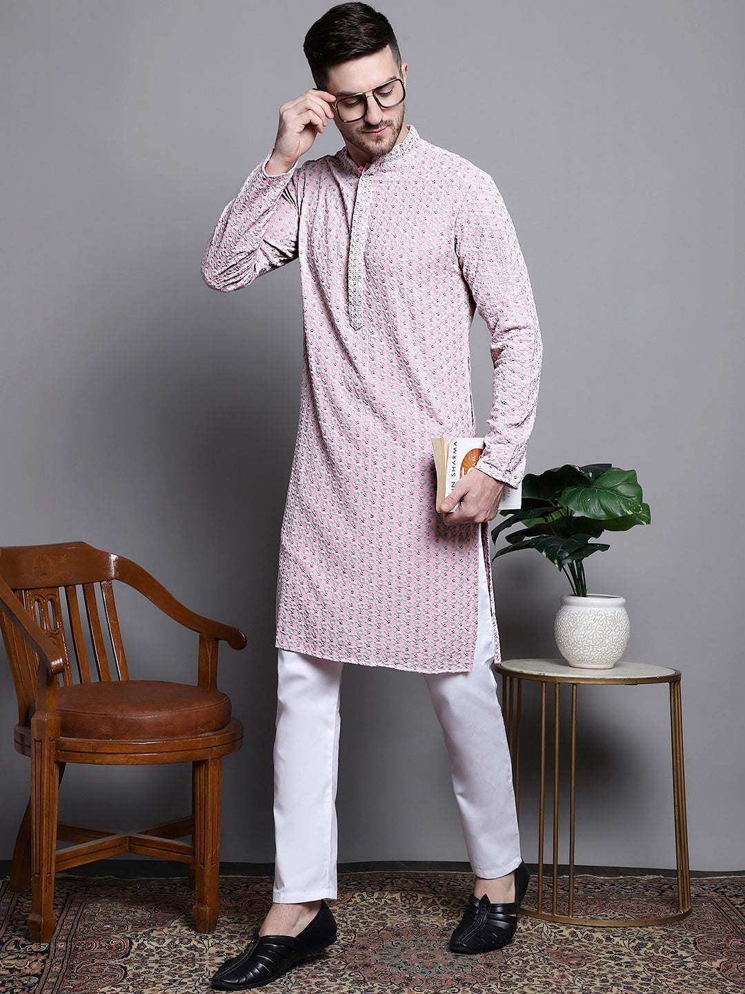Jompers Men's Sequin Embroidered Pure Cotton Kurta with Pyjamas - Pink | Grocsy