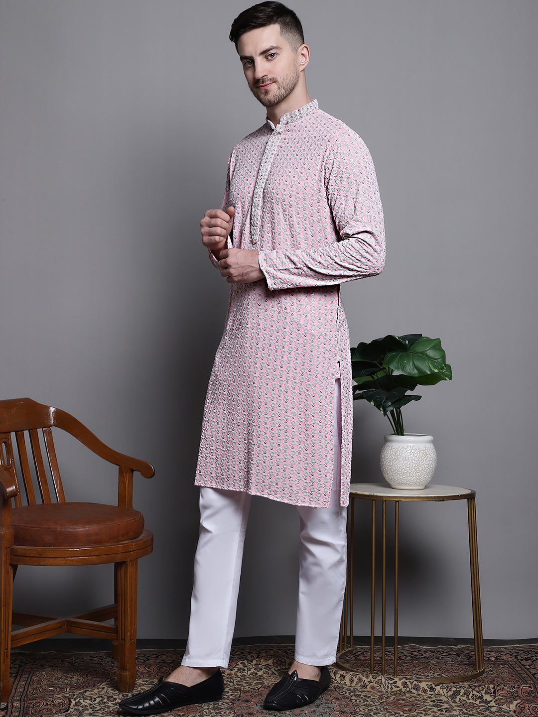 Jompers Men's Sequin Embroidered Pure Cotton Kurta with Pyjamas - Pink | Grocsy