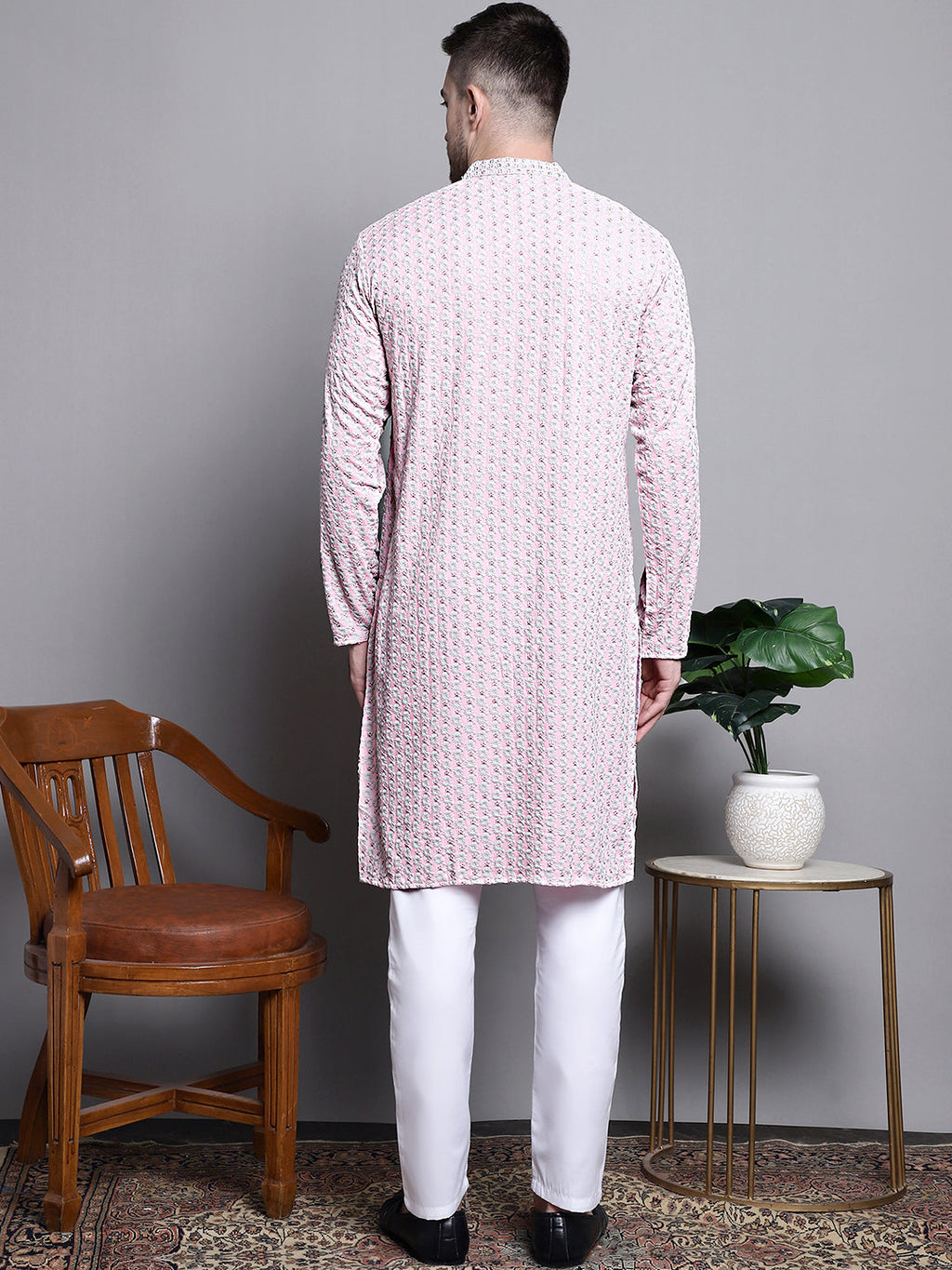 Jompers Men's Sequin Embroidered Pure Cotton Kurta with Pyjamas - Pink | Grocsy