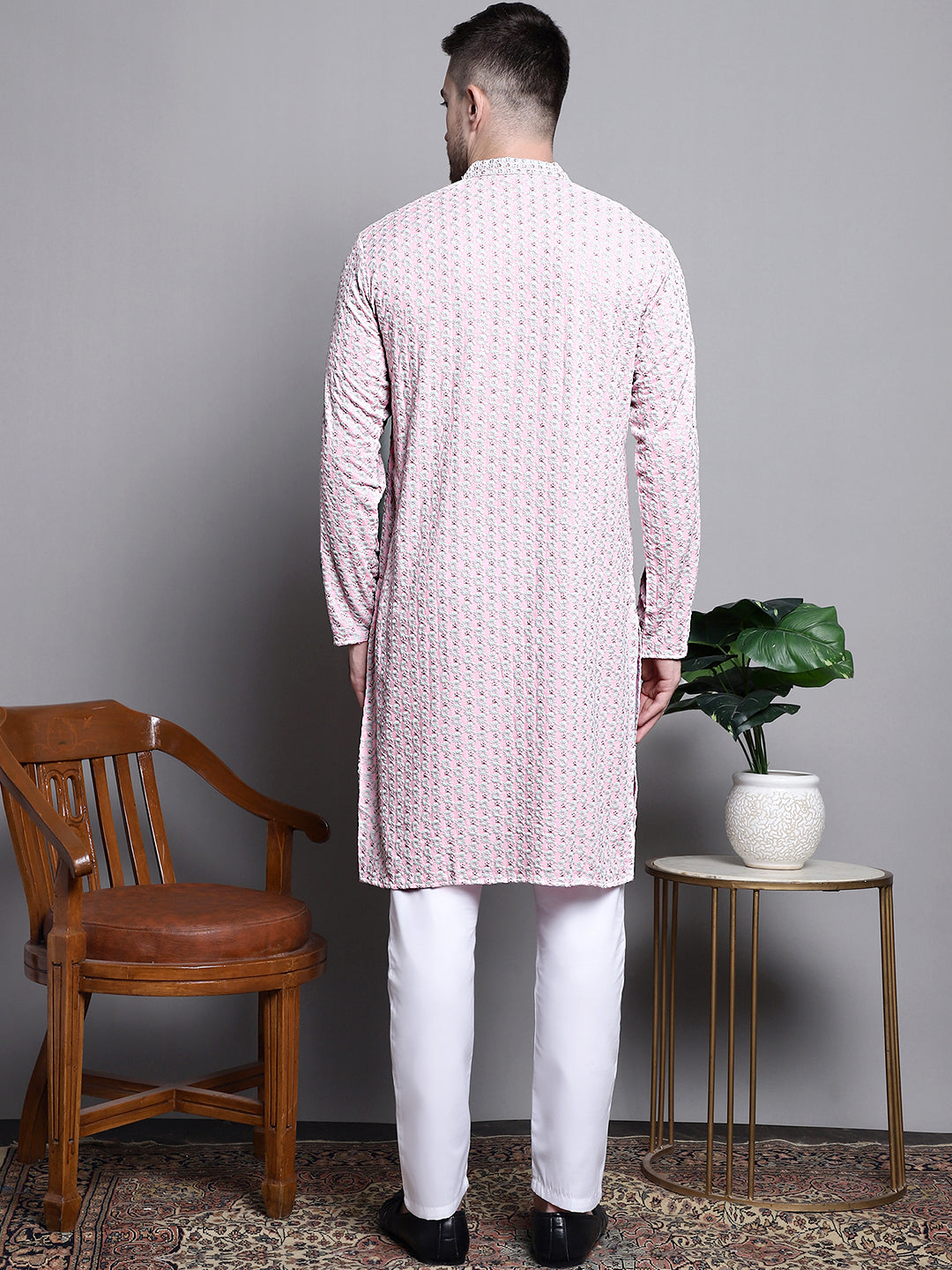 Jompers Men's Sequin Embroidered Pure Cotton Kurta with Pyjamas - Pink | Grocsy