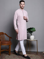 Jompers Men's Sequin Embroidered Pure Cotton Kurta with Pyjamas - Pink | Grocsy