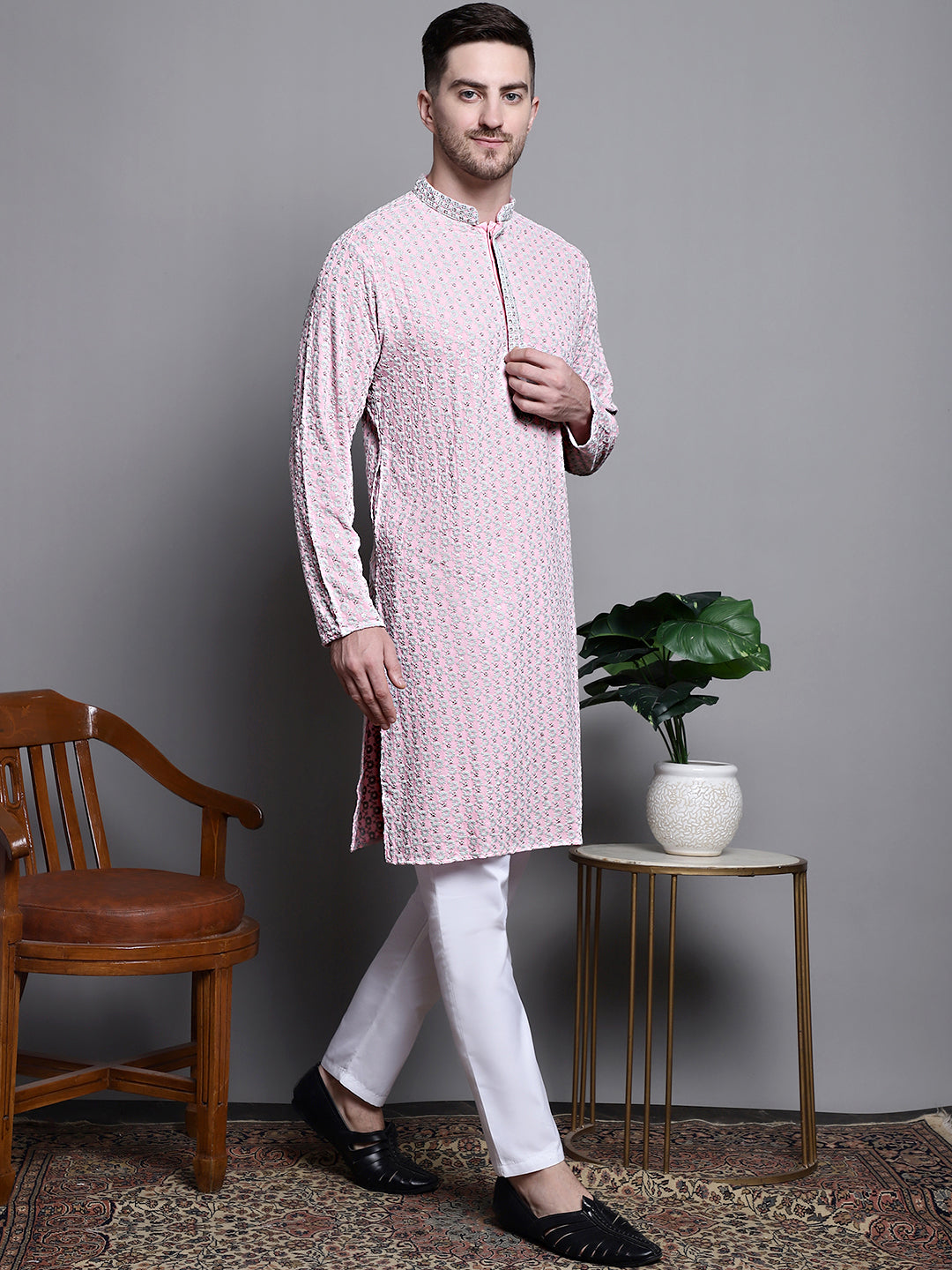 Jompers Men's Sequin Embroidered Pure Cotton Kurta with Pyjamas - Pink | Grocsy
