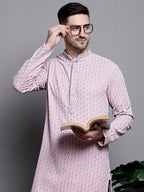 Jompers Men's Sequin Embroidered Pure Cotton Kurta with Pyjamas - Pink | Grocsy