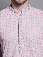 Jompers Men's Sequin Embroidered Pure Cotton Kurta with Pyjamas - Pink | Grocsy