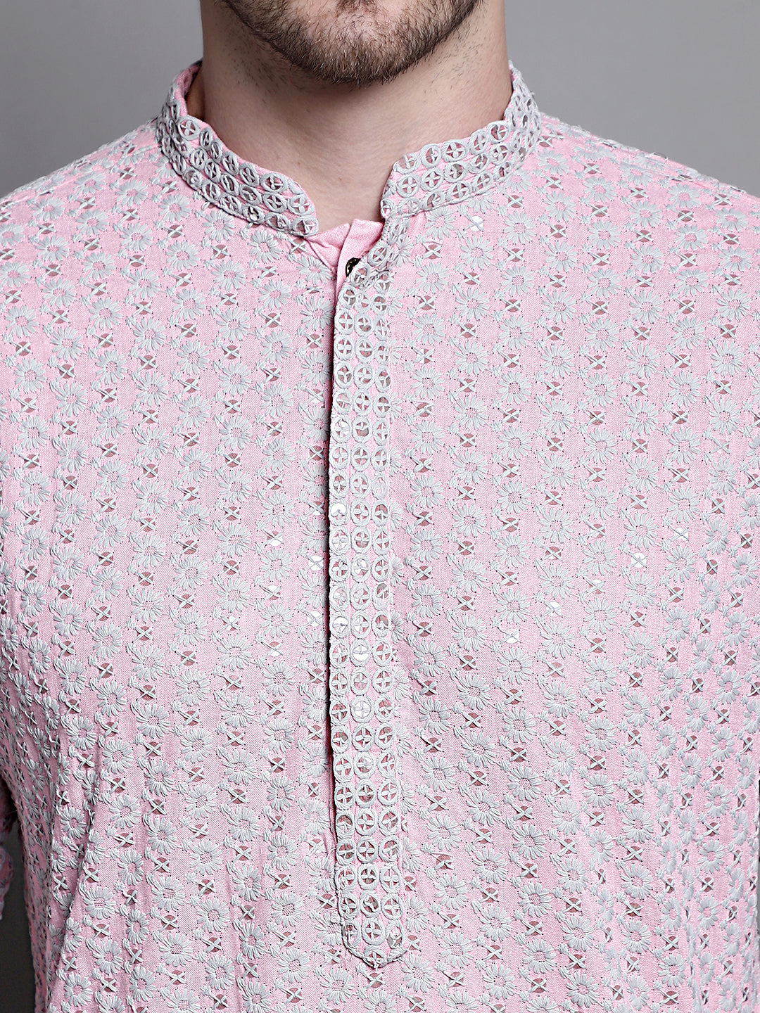Jompers Men's Sequin Embroidered Pure Cotton Kurta with Pyjamas - Pink | Grocsy