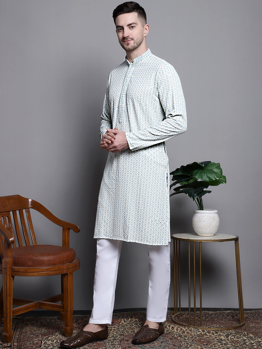 Jompers Men's Sequin Embroidered Pure Cotton Kurta with Pyjamas - Yellow | Grocsy