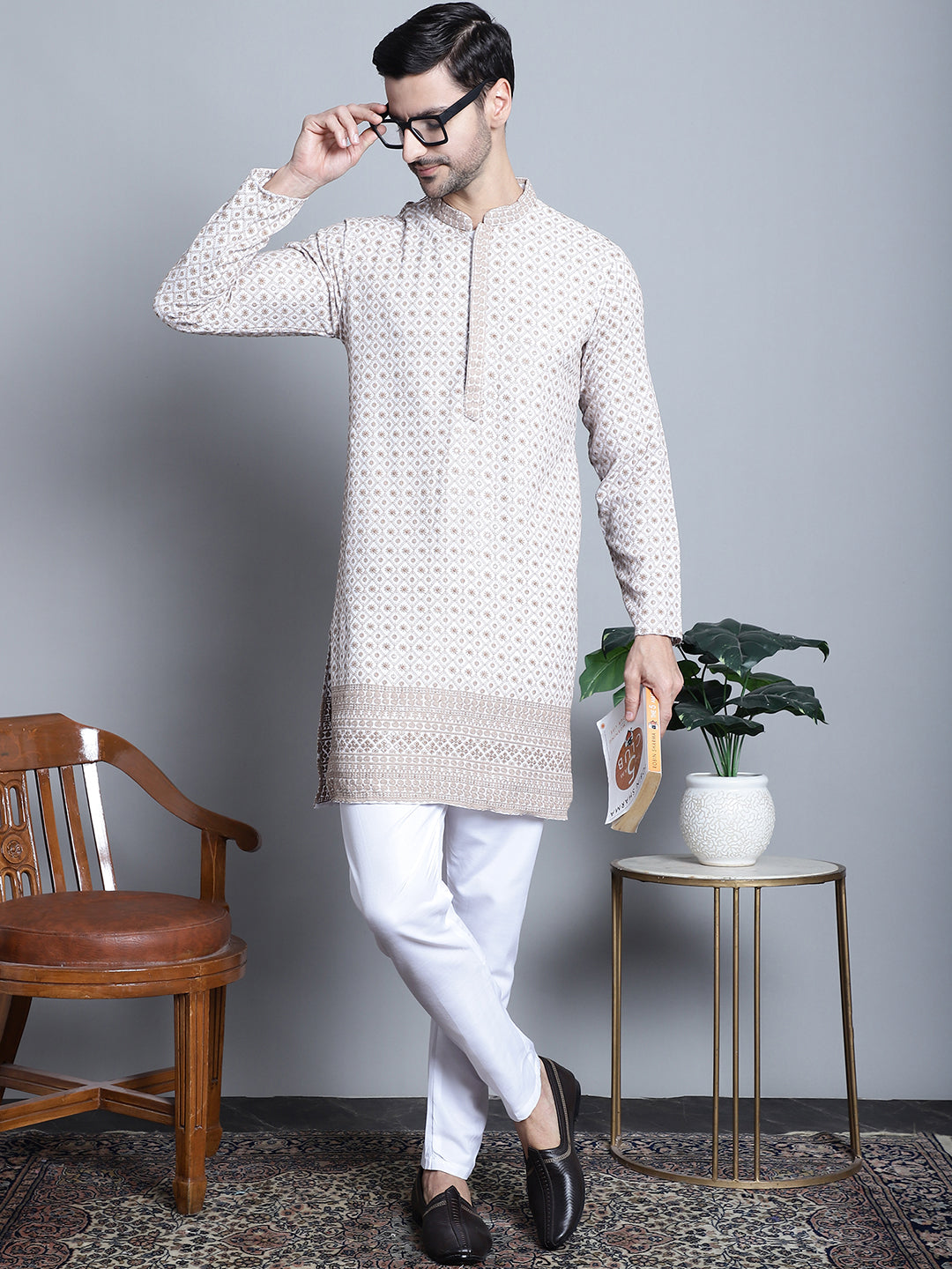 Jompers Men's Chikankari Embroidered Kurta with Pyjama - Beige | Grocsy