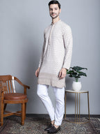 Jompers Men's Chikankari Embroidered Kurta with Pyjama - Beige | Grocsy