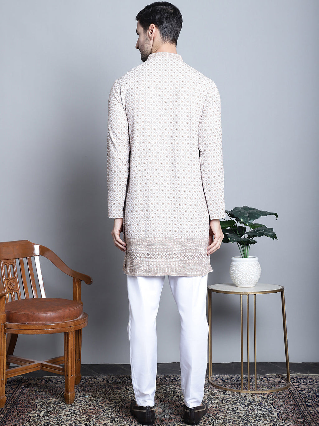 Jompers Men's Chikankari Embroidered Kurta with Pyjama - Beige | Grocsy
