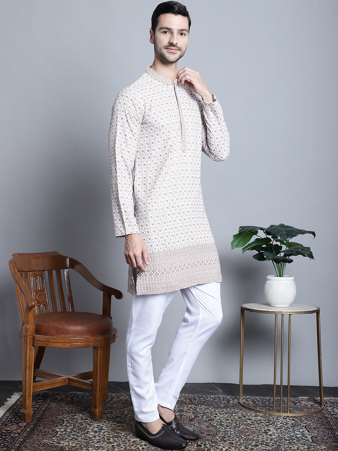 Jompers Men's Chikankari Embroidered Kurta with Pyjama - Beige | Grocsy
