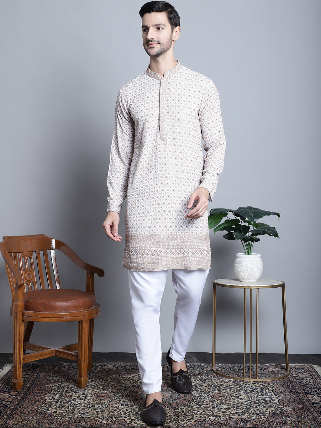Jompers Men's Chikankari Embroidered Kurta with Pyjama - Beige | Grocsy
