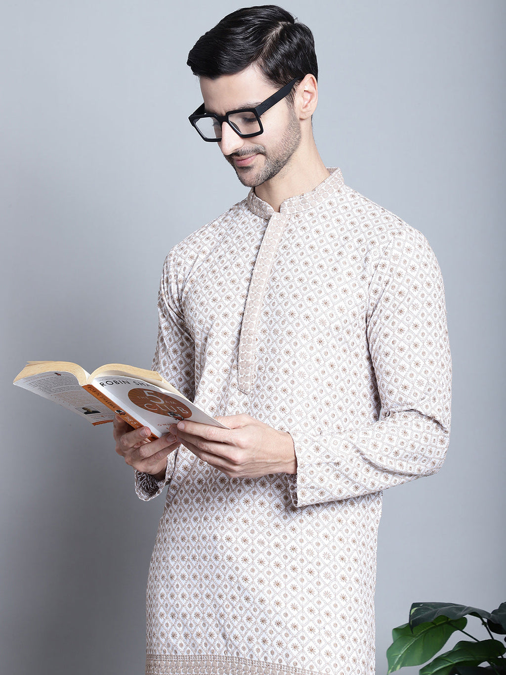 Jompers Men's Chikankari Embroidered Kurta with Pyjama - Beige | Grocsy