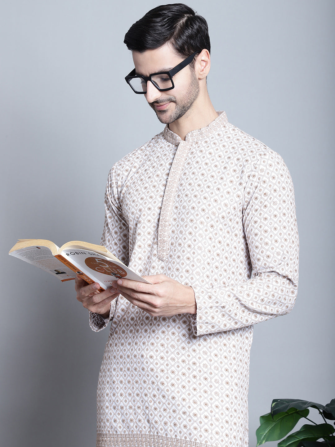 Jompers Men's Chikankari Embroidered Kurta with Pyjama - Beige | Grocsy