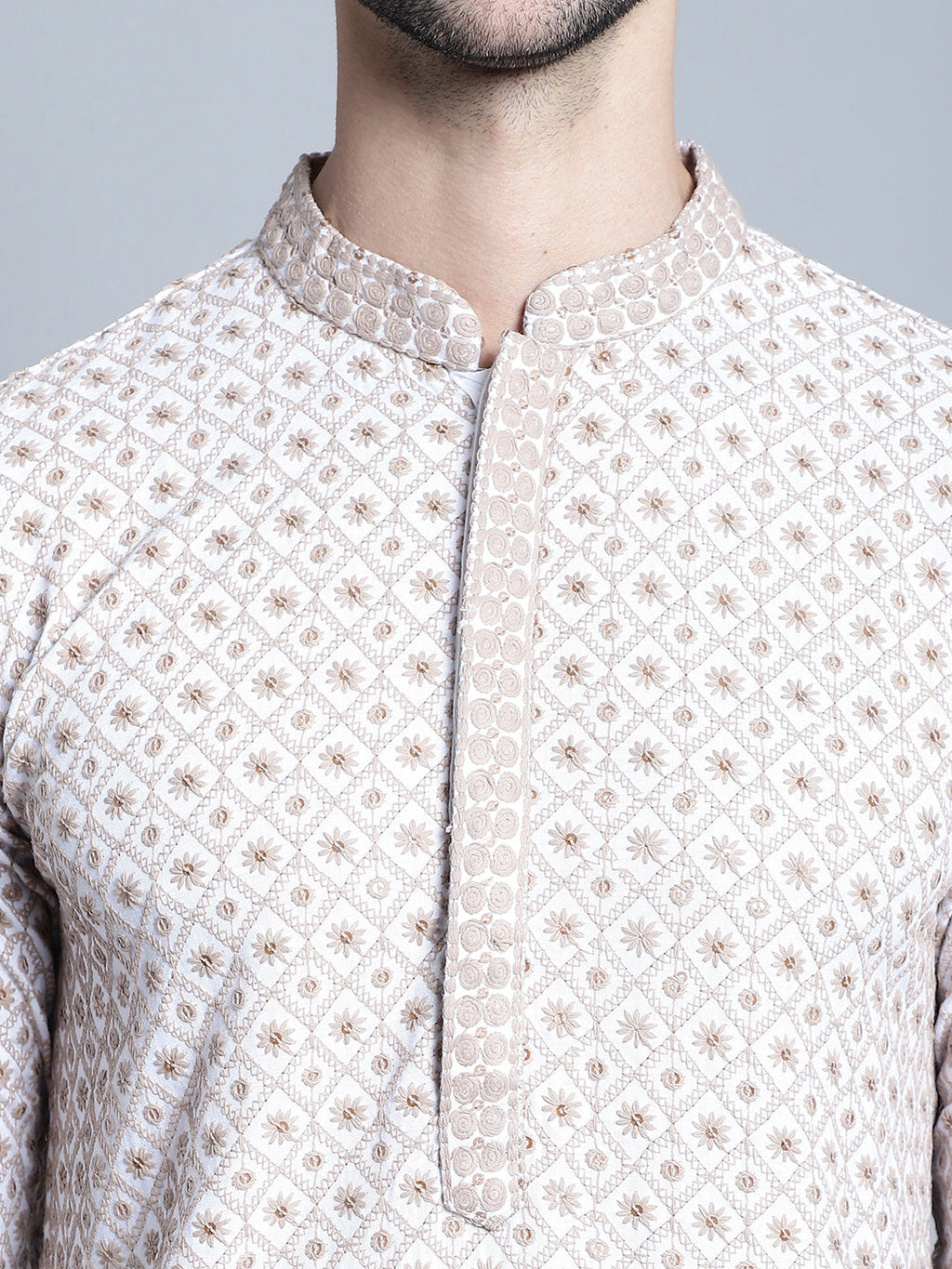 Jompers Men's Chikankari Embroidered Kurta with Pyjama - Beige | Grocsy