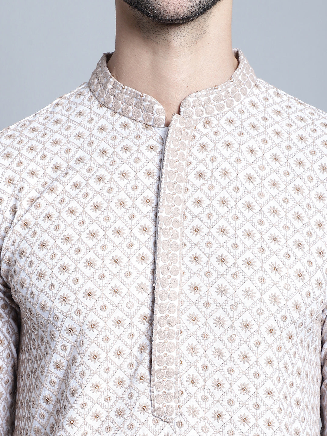 Jompers Men's Chikankari Embroidered Kurta with Pyjama - Beige | Grocsy