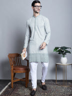 Jompers Men's Chikankari Embroidered Kurta with Pyjama - Blue | Grocsy