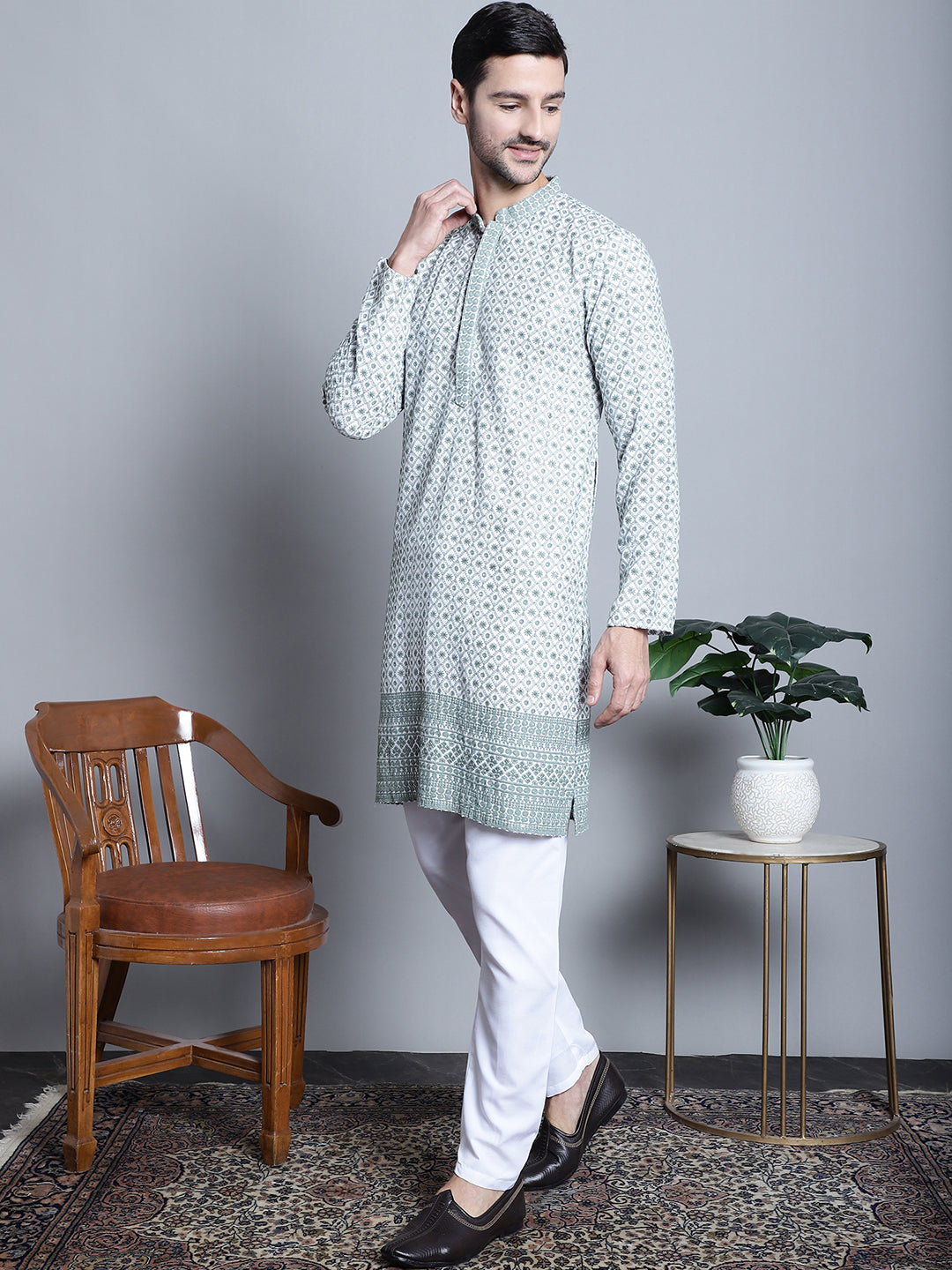 Jompers Men's Chikankari Embroidered Kurta with Pyjama - Blue | Grocsy