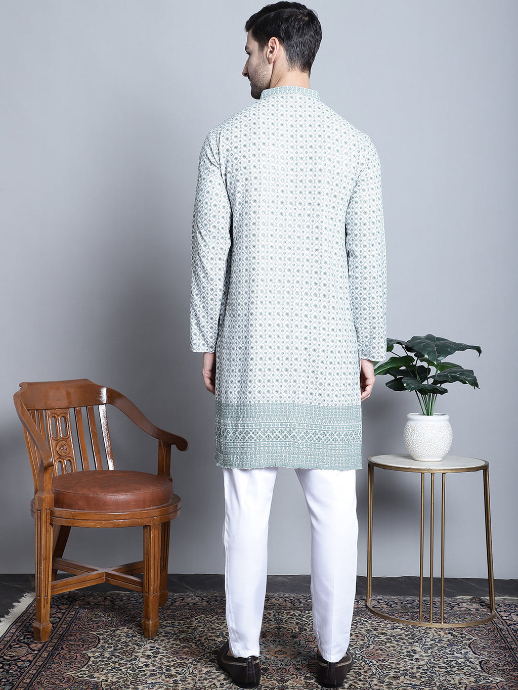 Jompers Men's Chikankari Embroidered Kurta with Pyjama - Blue | Grocsy