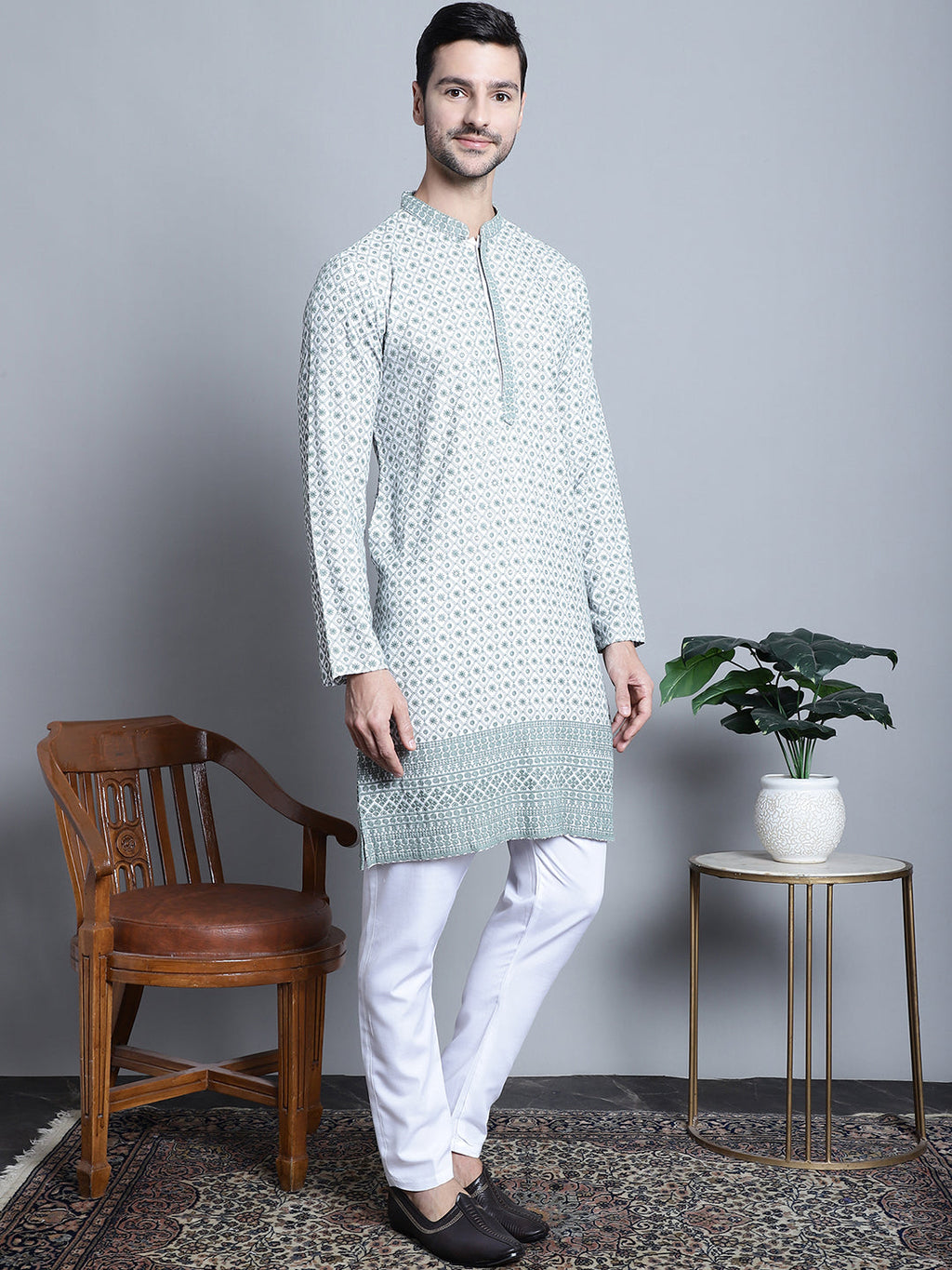 Jompers Men's Chikankari Embroidered Kurta with Pyjama - Blue | Grocsy
