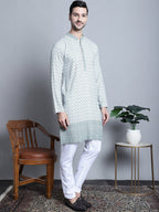 Jompers Men's Chikankari Embroidered Kurta with Pyjama - Blue | Grocsy