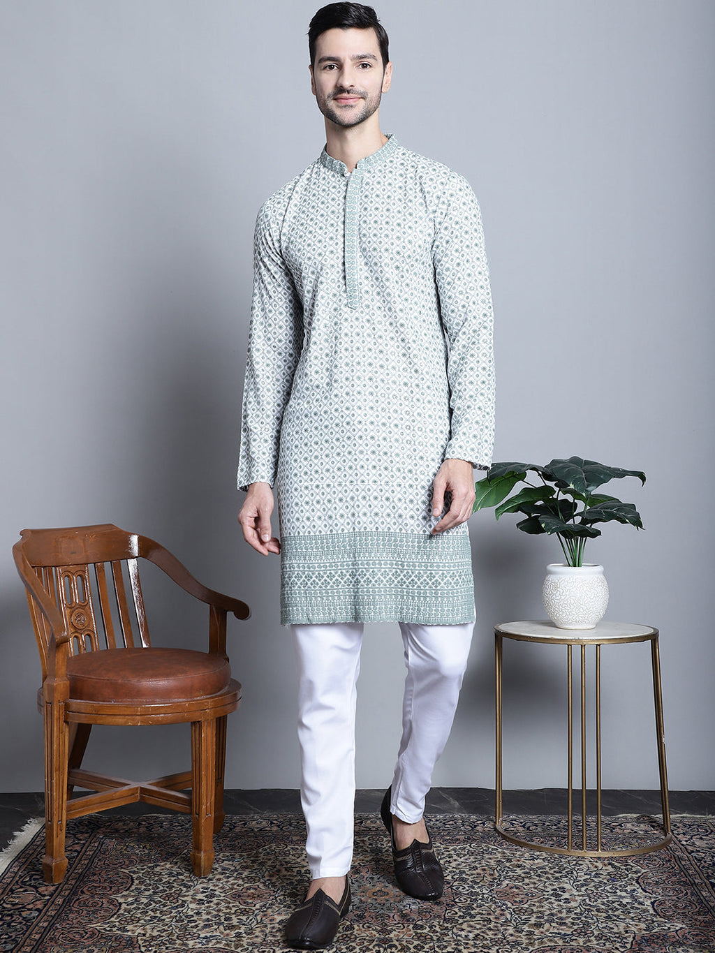 Jompers Men's Chikankari Embroidered Kurta with Pyjama - Blue | Grocsy
