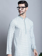 Jompers Men's Chikankari Embroidered Kurta with Pyjama - Blue | Grocsy