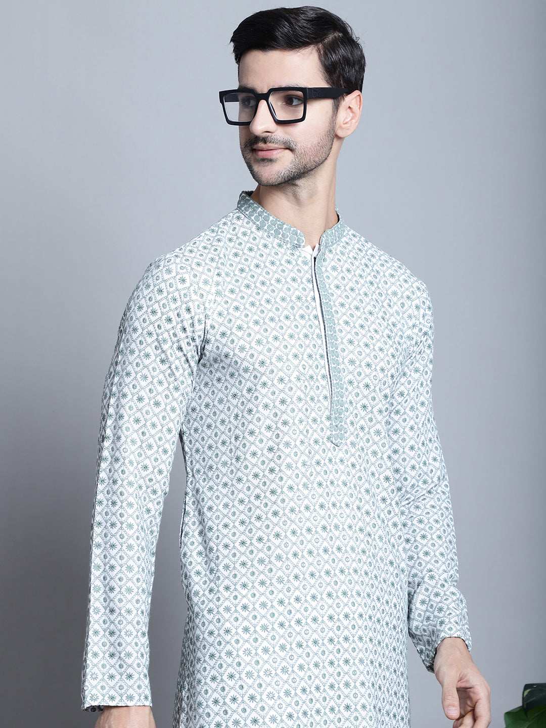 Jompers Men's Chikankari Embroidered Kurta with Pyjama - Blue | Grocsy