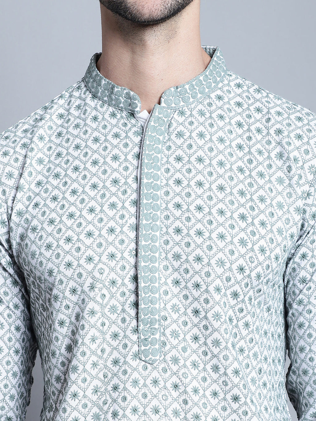 Jompers Men's Chikankari Embroidered Kurta with Pyjama - Blue | Grocsy