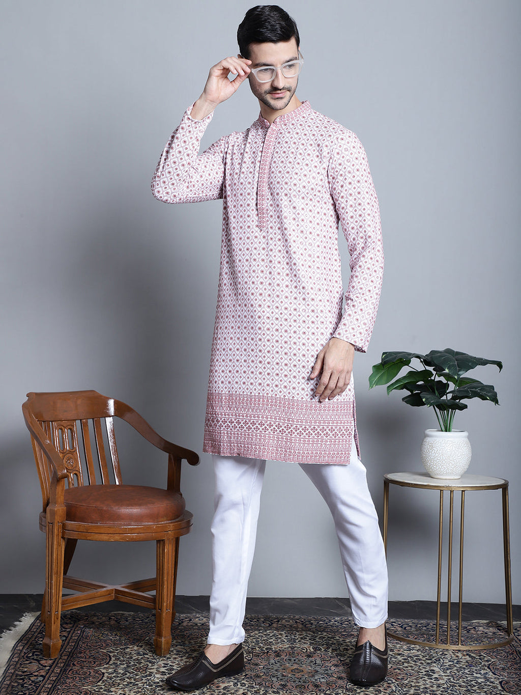 Jompers Men's Chikankari Embroidered Kurta with Pyjama - Pink | Grocsy
