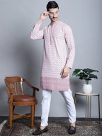 Jompers Men's Chikankari Embroidered Kurta with Pyjama - Pink | Grocsy