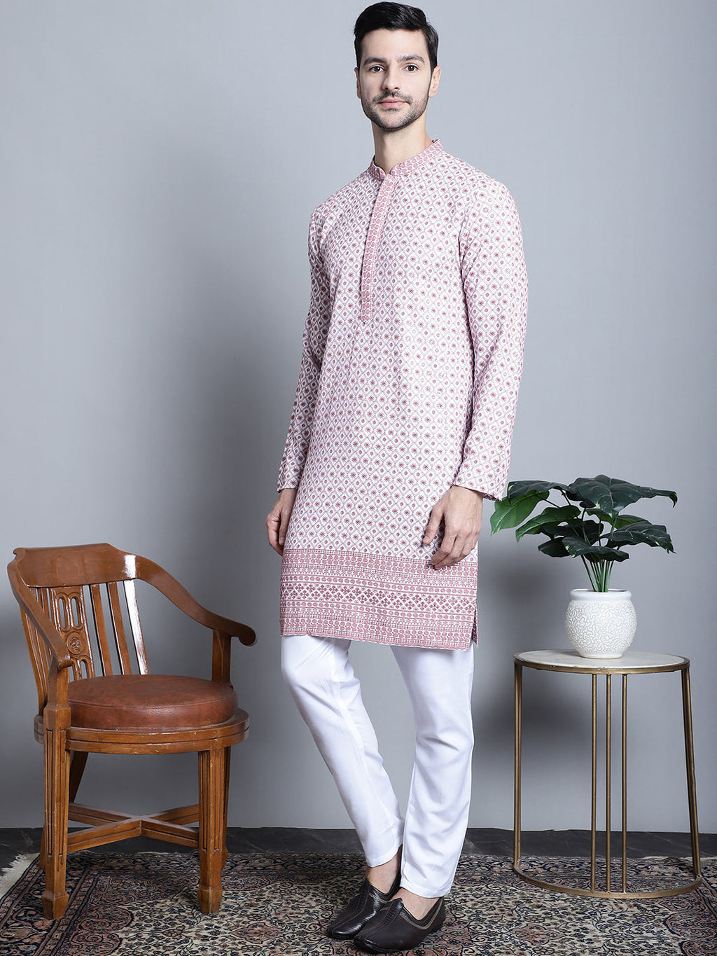 Jompers Men's Chikankari Embroidered Kurta with Pyjama - Pink | Grocsy