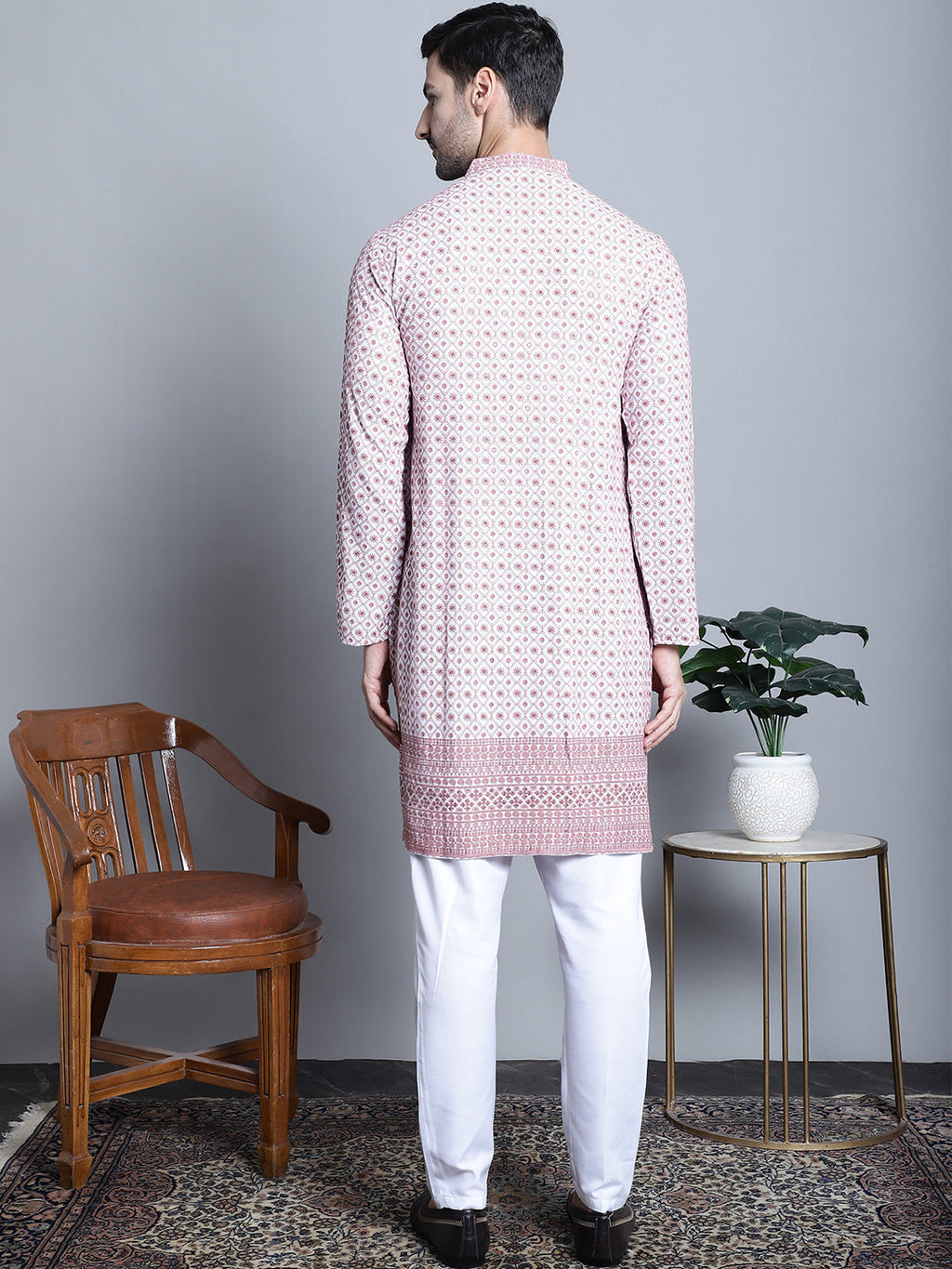 Jompers Men's Chikankari Embroidered Kurta with Pyjama - Pink | Grocsy