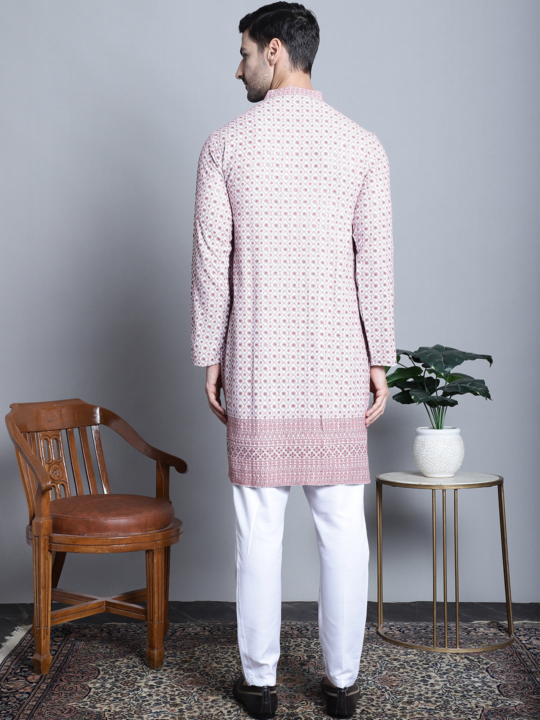 Jompers Men's Chikankari Embroidered Kurta with Pyjama - Pink | Grocsy