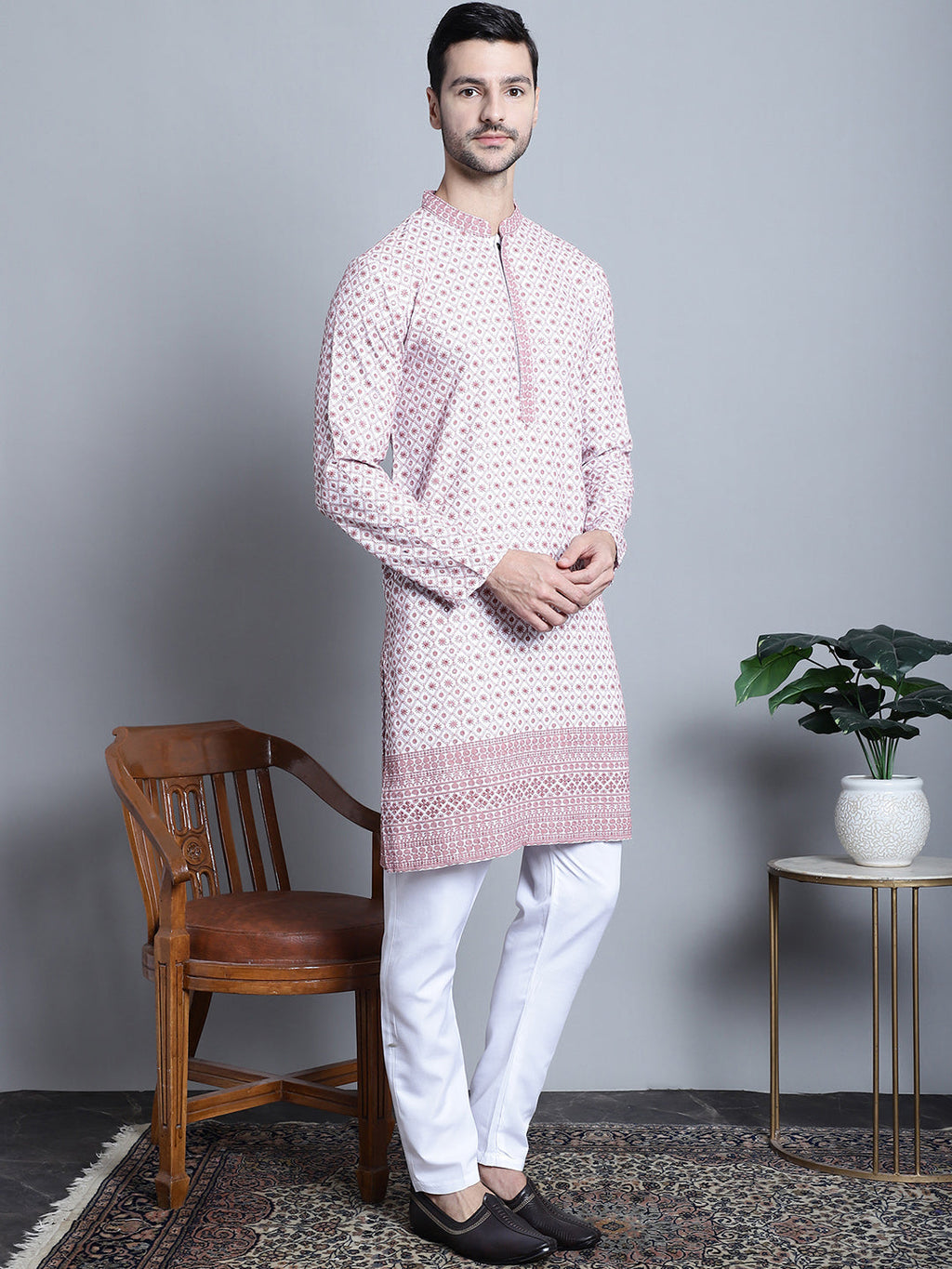 Jompers Men's Chikankari Embroidered Kurta with Pyjama - Pink | Grocsy