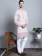 Jompers Men's Chikankari Embroidered Kurta with Pyjama - Pink | Grocsy