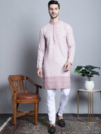 Jompers Men's Chikankari Embroidered Kurta with Pyjama - Pink | Grocsy