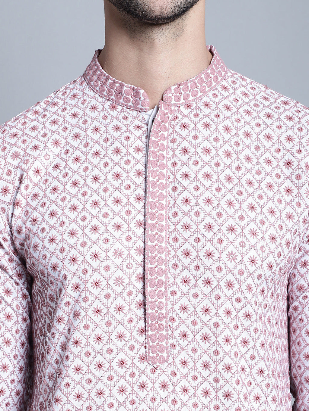 Jompers Men's Chikankari Embroidered Kurta with Pyjama - Pink | Grocsy