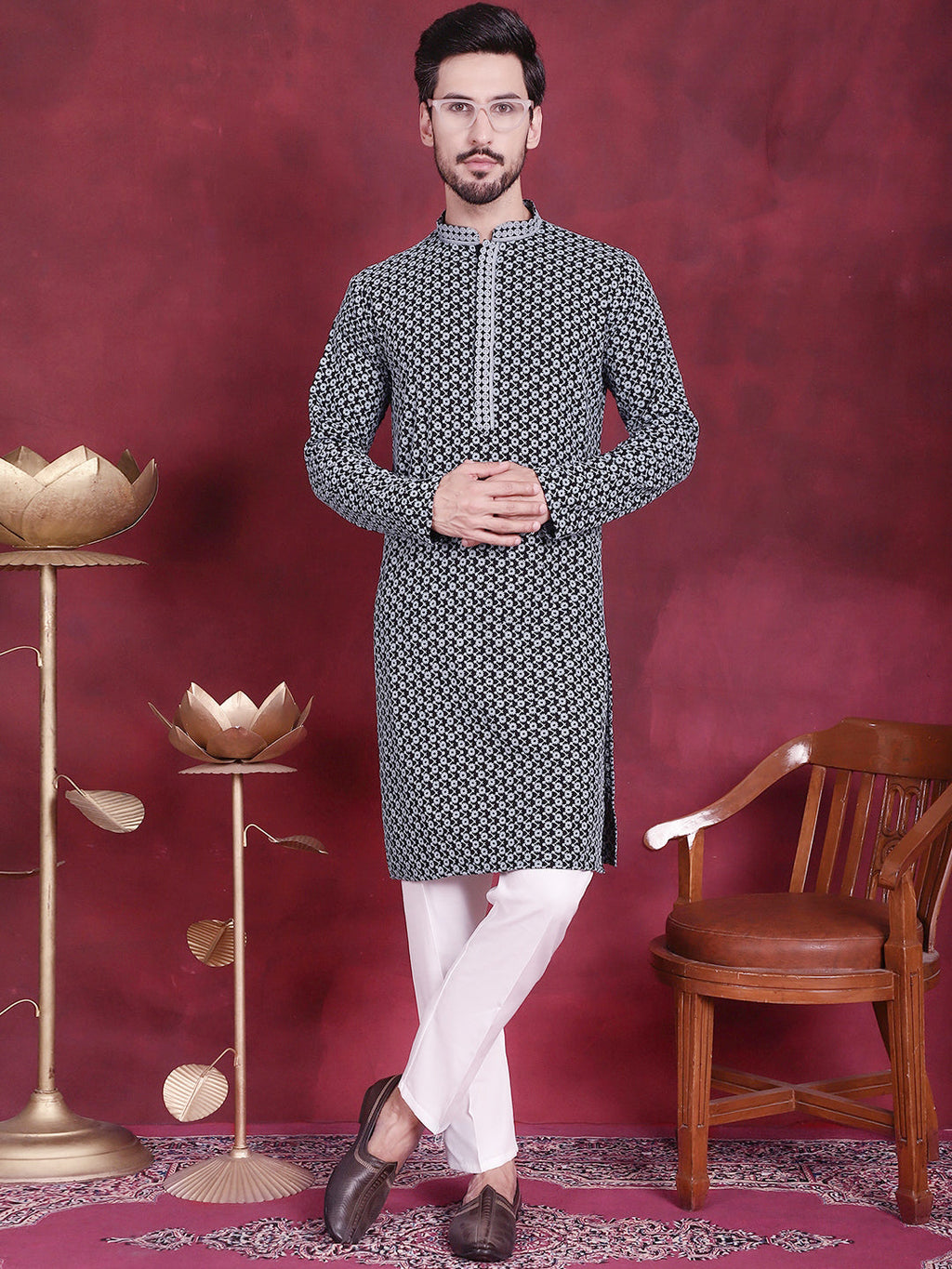 Jompers Men's Sequins Embroidered Kurta with Pyjama - Grey | Grocsy
