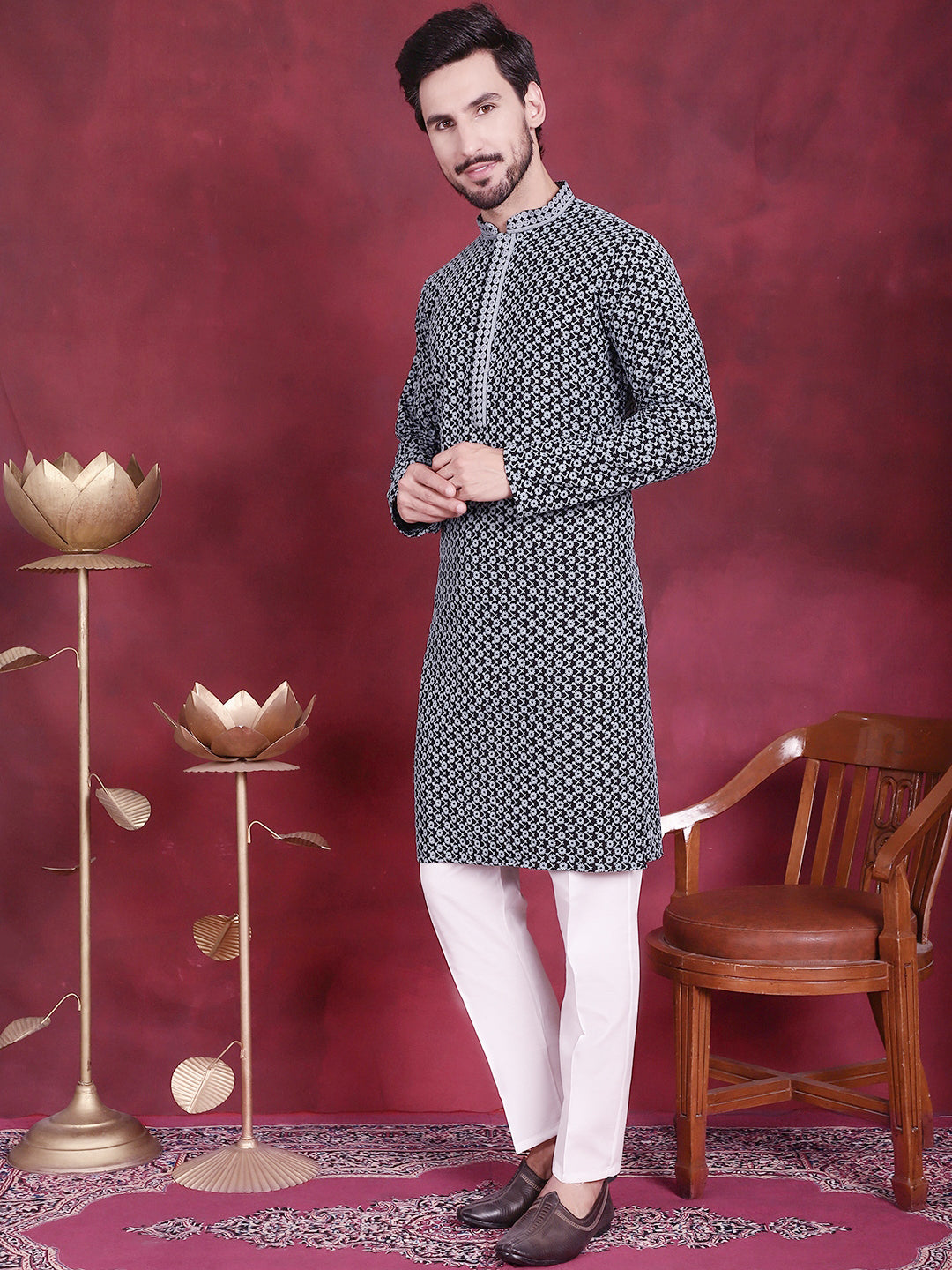 Jompers Men's Sequins Embroidered Kurta with Pyjama - Grey | Grocsy