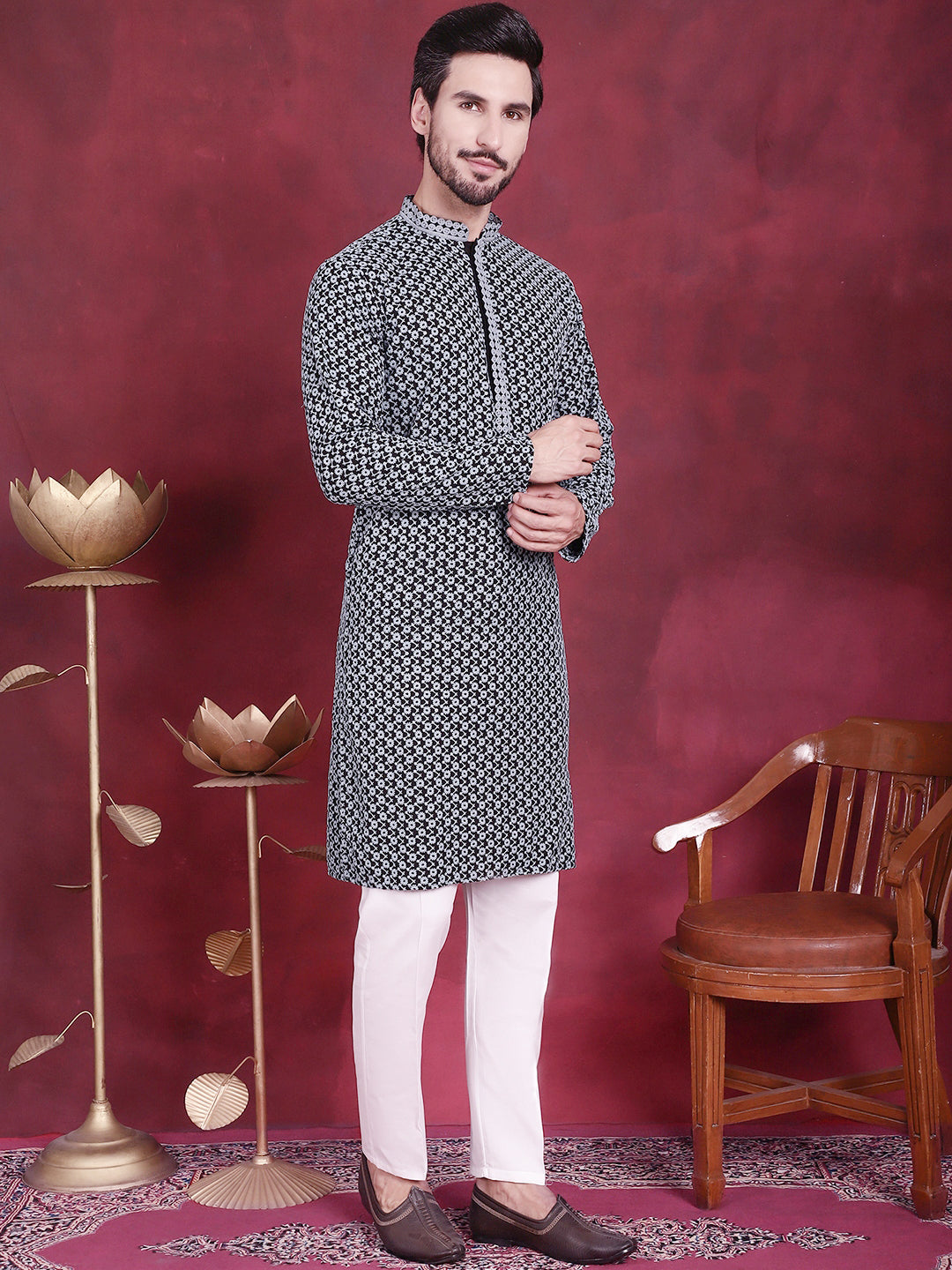 Jompers Men's Sequins Embroidered Kurta with Pyjama - Grey | Grocsy