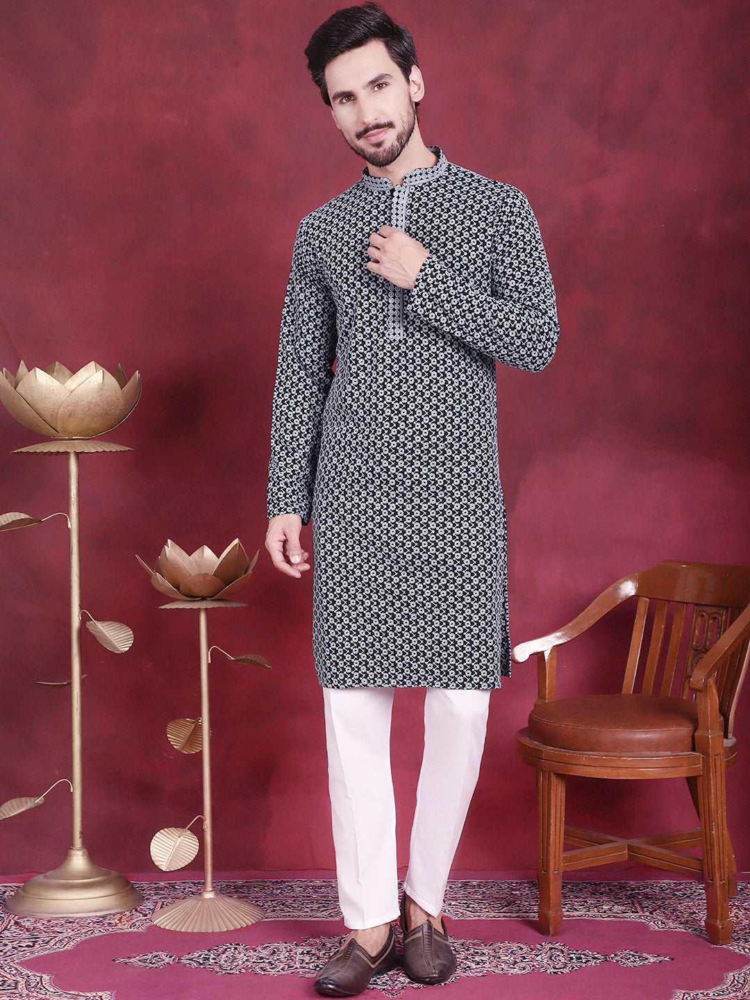 Jompers Men's Sequins Embroidered Kurta with Pyjama - Grey | Grocsy