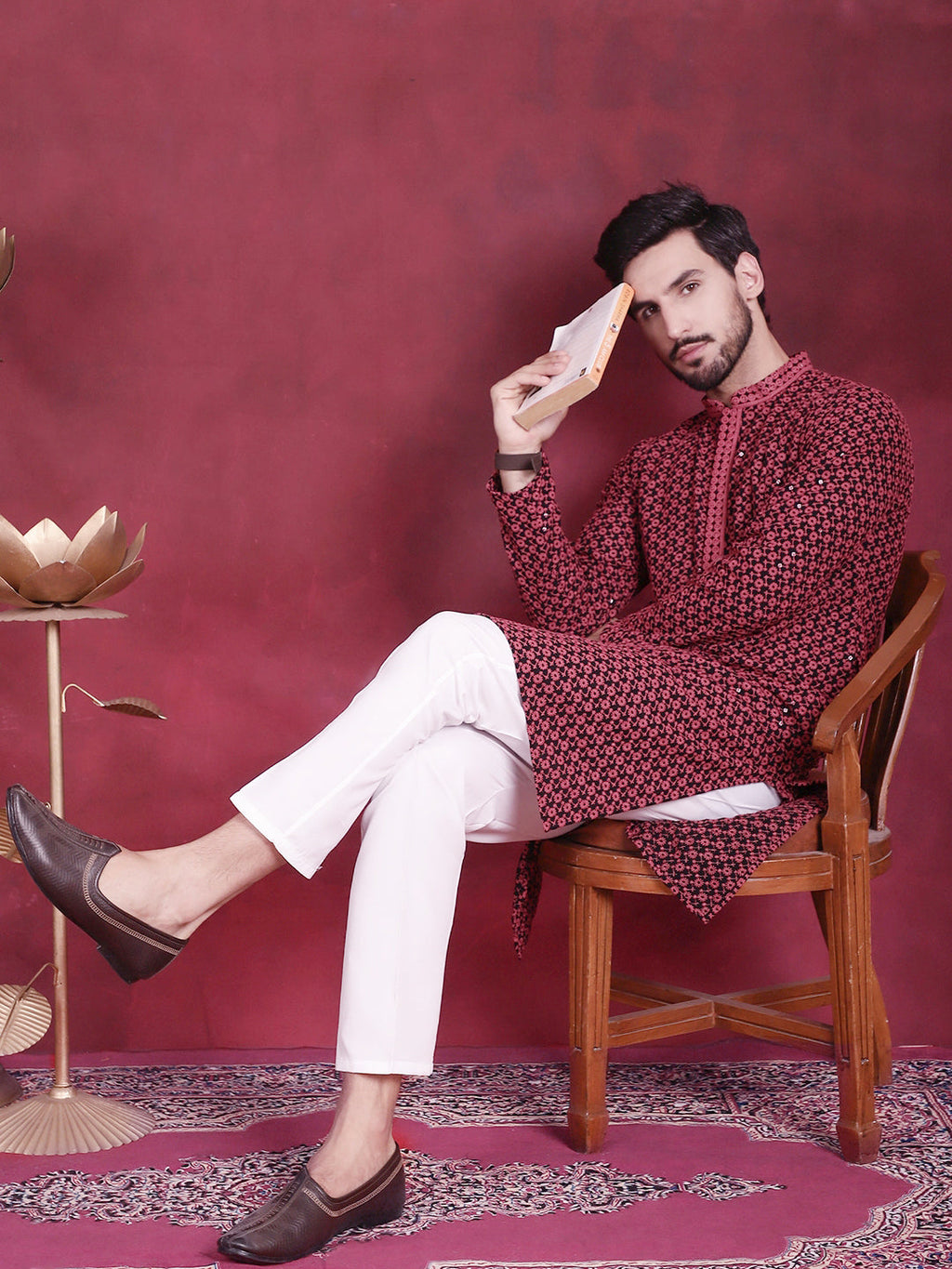 Jompers Men's Sequins Embroidered Kurta with Pyjama - Magenta | Grocsy