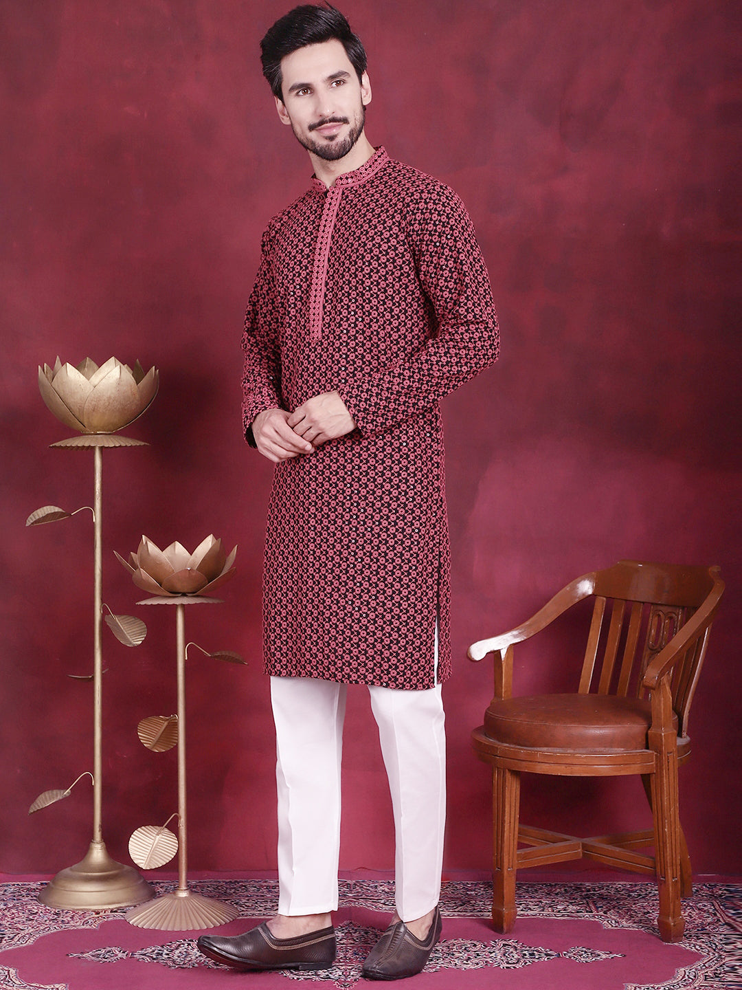 Jompers Men's Sequins Embroidered Kurta with Pyjama - Magenta | Grocsy