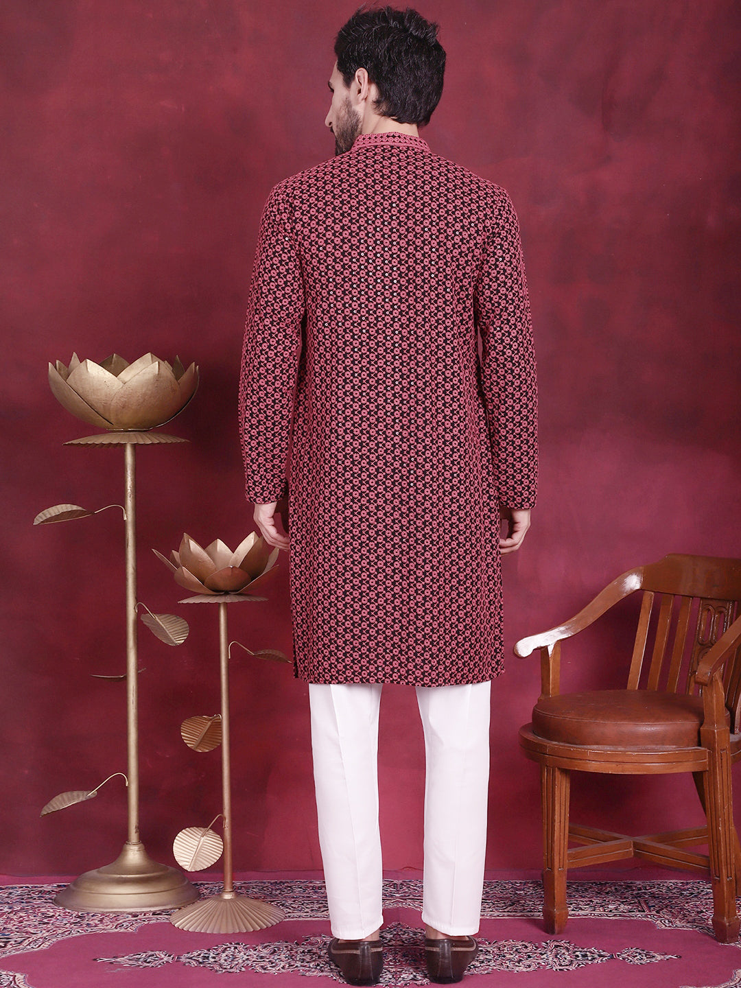 Jompers Men's Sequins Embroidered Kurta with Pyjama - Magenta | Grocsy