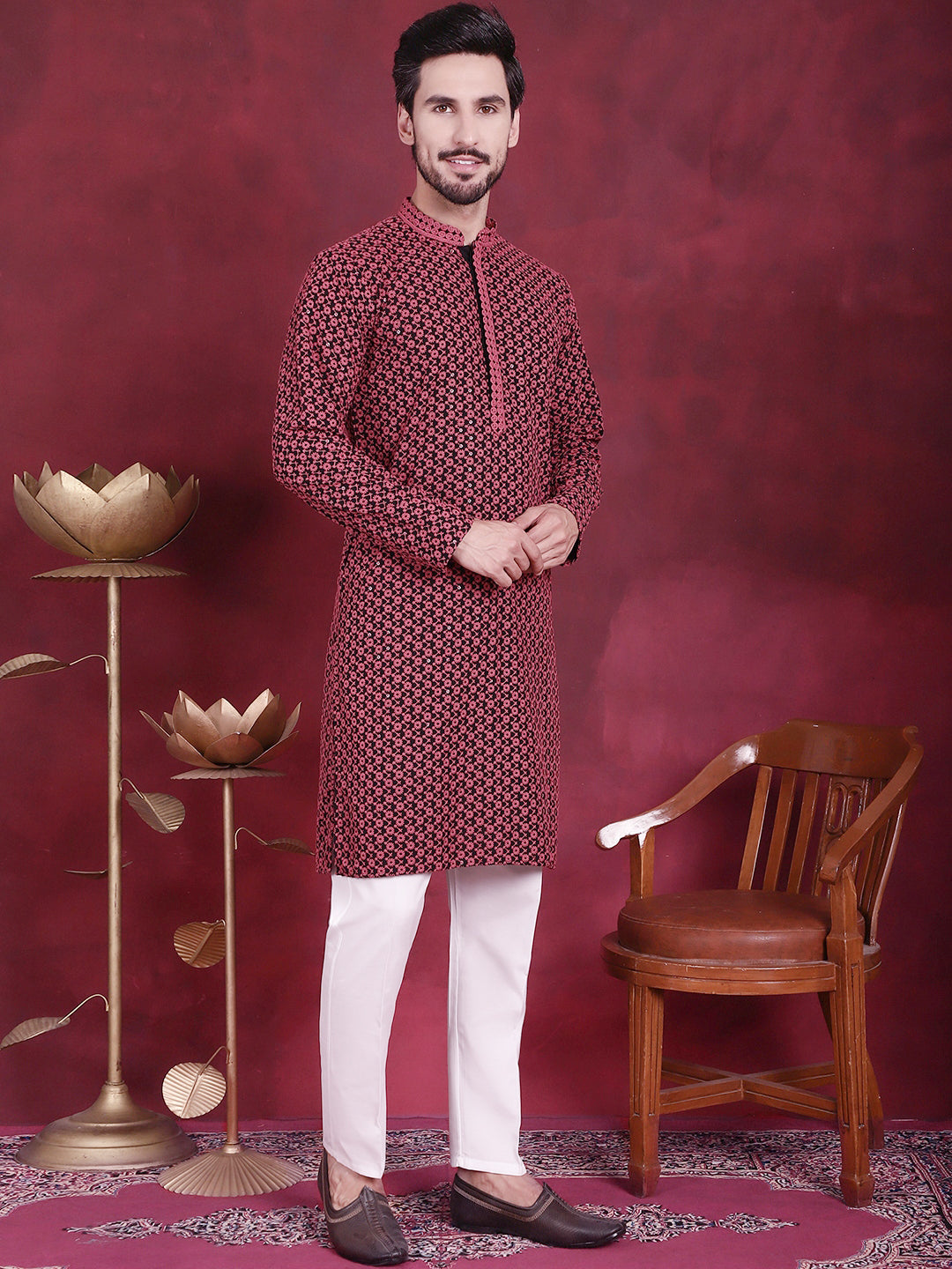 Jompers Men's Sequins Embroidered Kurta with Pyjama - Magenta | Grocsy