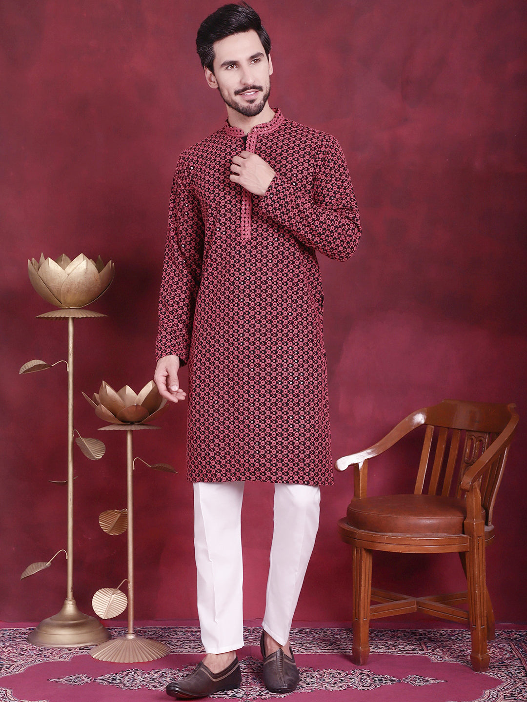 Jompers Men's Sequins Embroidered Kurta with Pyjama - Magenta | Grocsy
