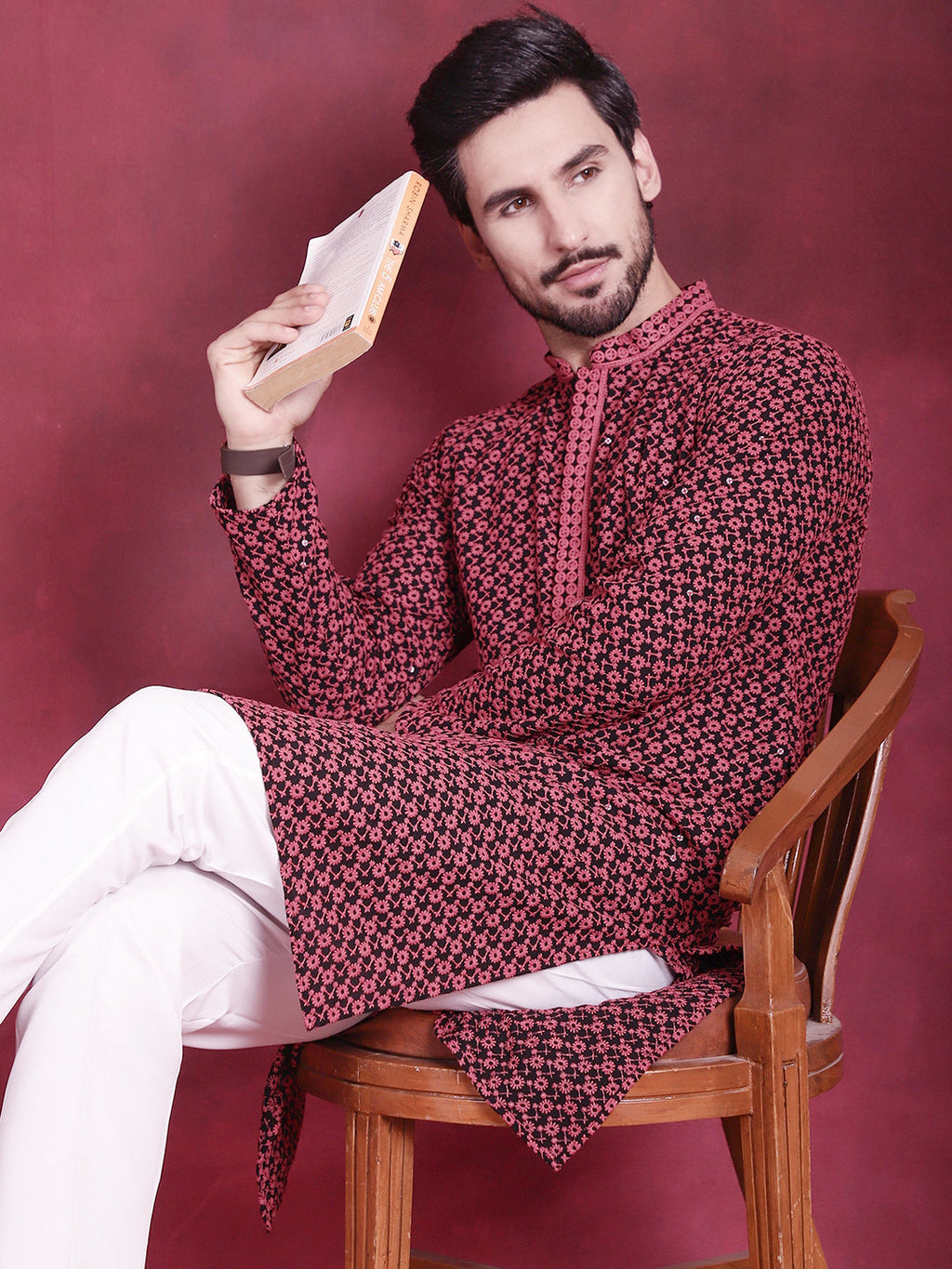 Jompers Men's Sequins Embroidered Kurta with Pyjama - Magenta | Grocsy