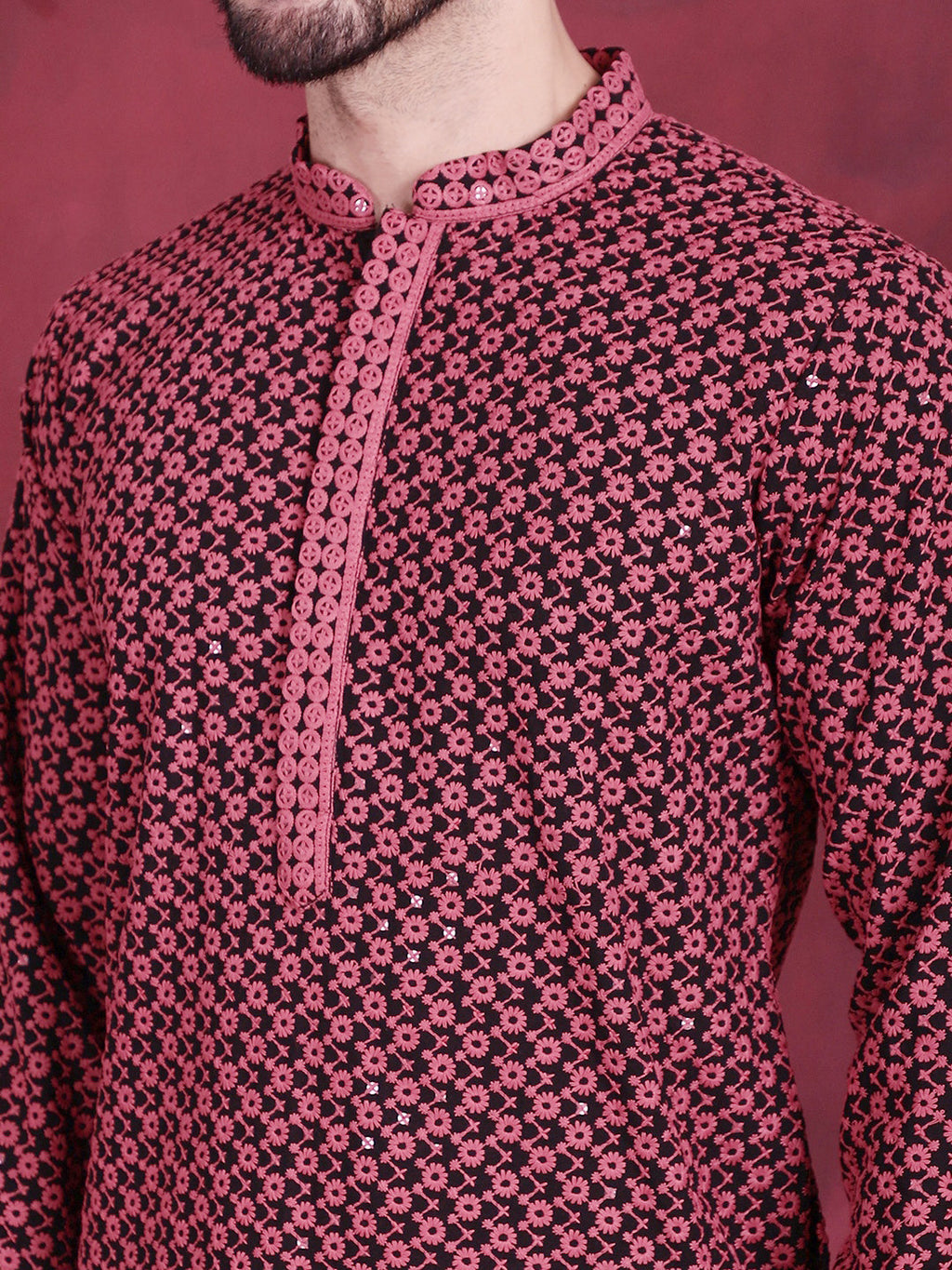 Jompers Men's Sequins Embroidered Kurta with Pyjama - Magenta | Grocsy