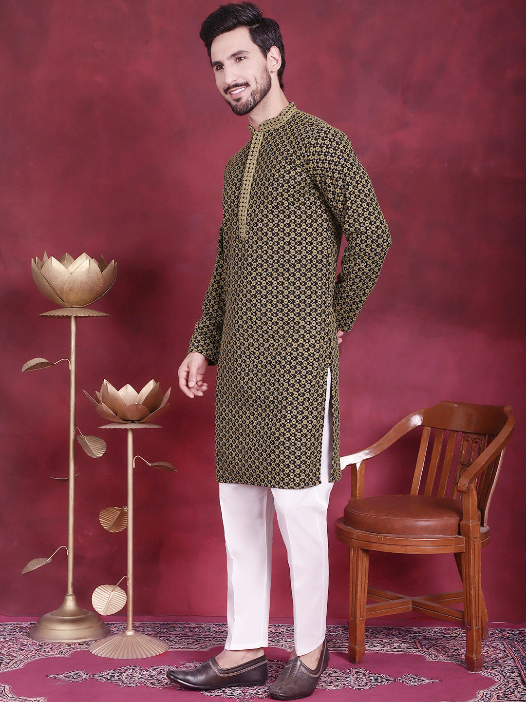 Jompers Men's Sequins Embroidered Kurta with Pyjama - Mehndi | Grocsy